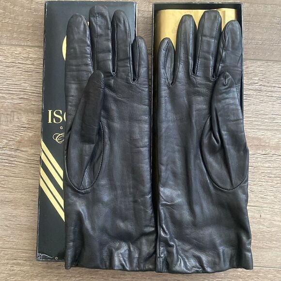 Vintage Womens Isotoner Black Leather Gloves w Cashmere Lining - Picture 3 of 4